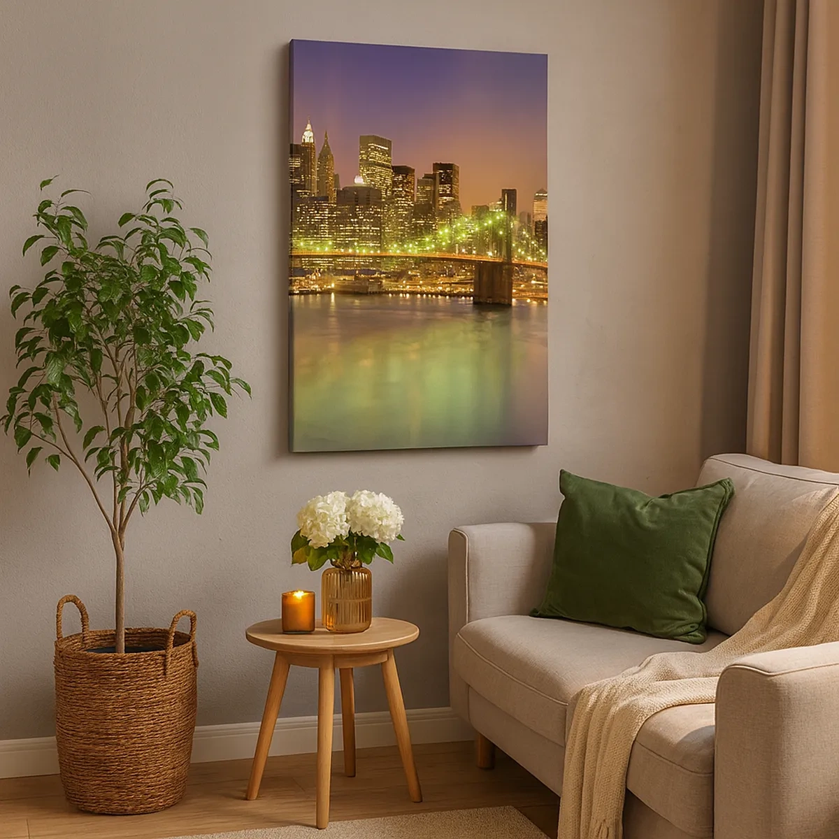 Cuadro sobre lienzo - Impresión de Imagen - Puente iluminado en una ciudad moderna por la noche - 50x70cm - Aquí la luz nunca se apaga - Decoración de pared moderna para salón y dormitorio ARTTOR