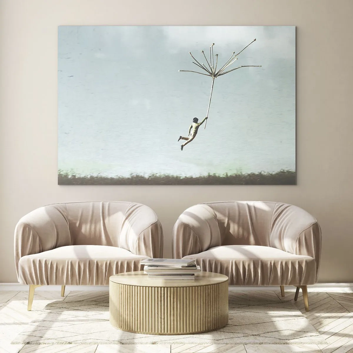 Cuadro sobre vidrio - Impresiones sobre Vidrio - Un niño volando con una semilla de diente de león sobre un prado. - 100x70cm - Bailando con la brisa - Decoración de pared moderna para salón y dormitorio ARTTOR