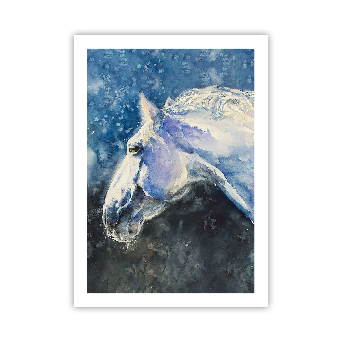 Póster - Retrato de un caballo en tonos azules de acuarela. - 50x70cm - Retrato en un resplandor azul - Decoración de pared moderna para salón y dormitorio ARTTOR