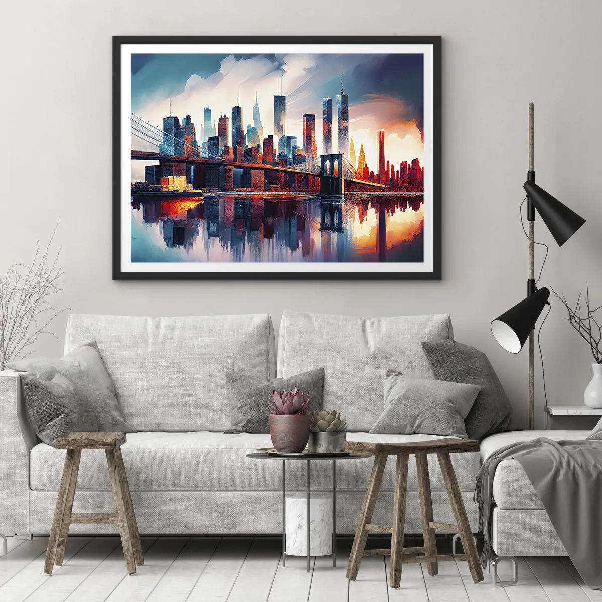 Póster en marco negro - Panorama de la ciudad de Nueva York con puente y reflejo en el agua - 70x50cm - Nueva York siempre luce - Decoración de pared moderna para salón y dormitorio ARTTOR