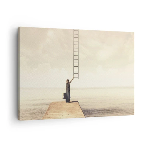 Cuadro sobre lienzo - Impresión de Imagen - Una mujer parada en un muelle con una escalera que conduce al cielo. - 70x50cm - Un viaje mágico - Decoración de pared moderna para salón y dormitorio ARTTOR