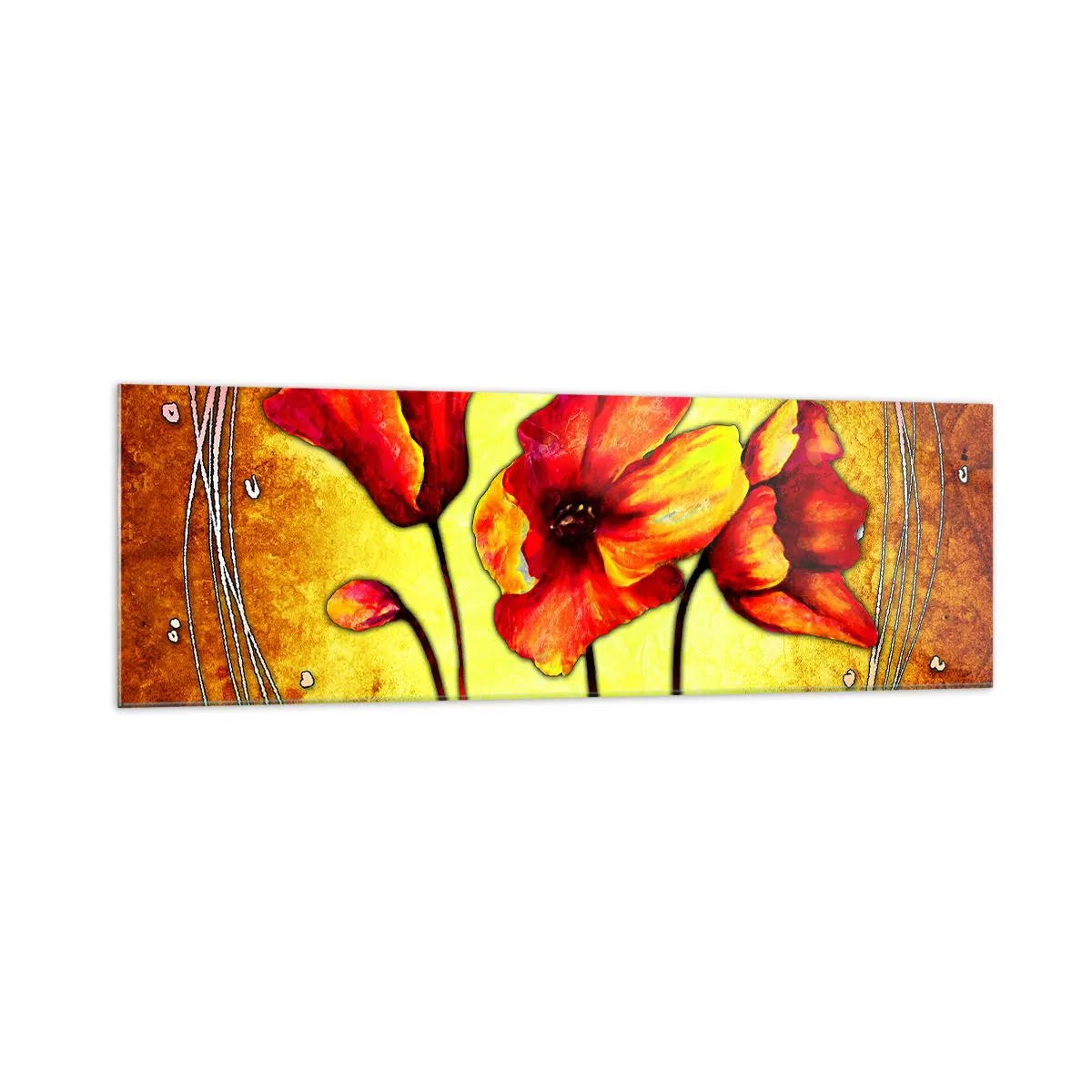 Cuadro sobre vidrio - Impresiones sobre Vidrio - Flores rojas y amarillas sobre un fondo dorado con patrones decorativos. - 160x50cm - En decoración Art Nouveau - Decoración de pared moderna para salón y dormitorio ARTTOR