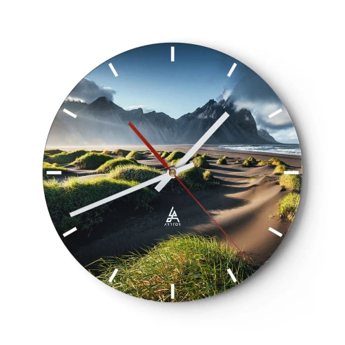 Reloj de pared - Reloj de vidrio - Vista de la playa montañosa con dunas verdes iluminadas por la luz. - 30x30cm - Armonía de los elementos - Decoración de pared moderna para salón, cocina y dormitorio ARTTOR
