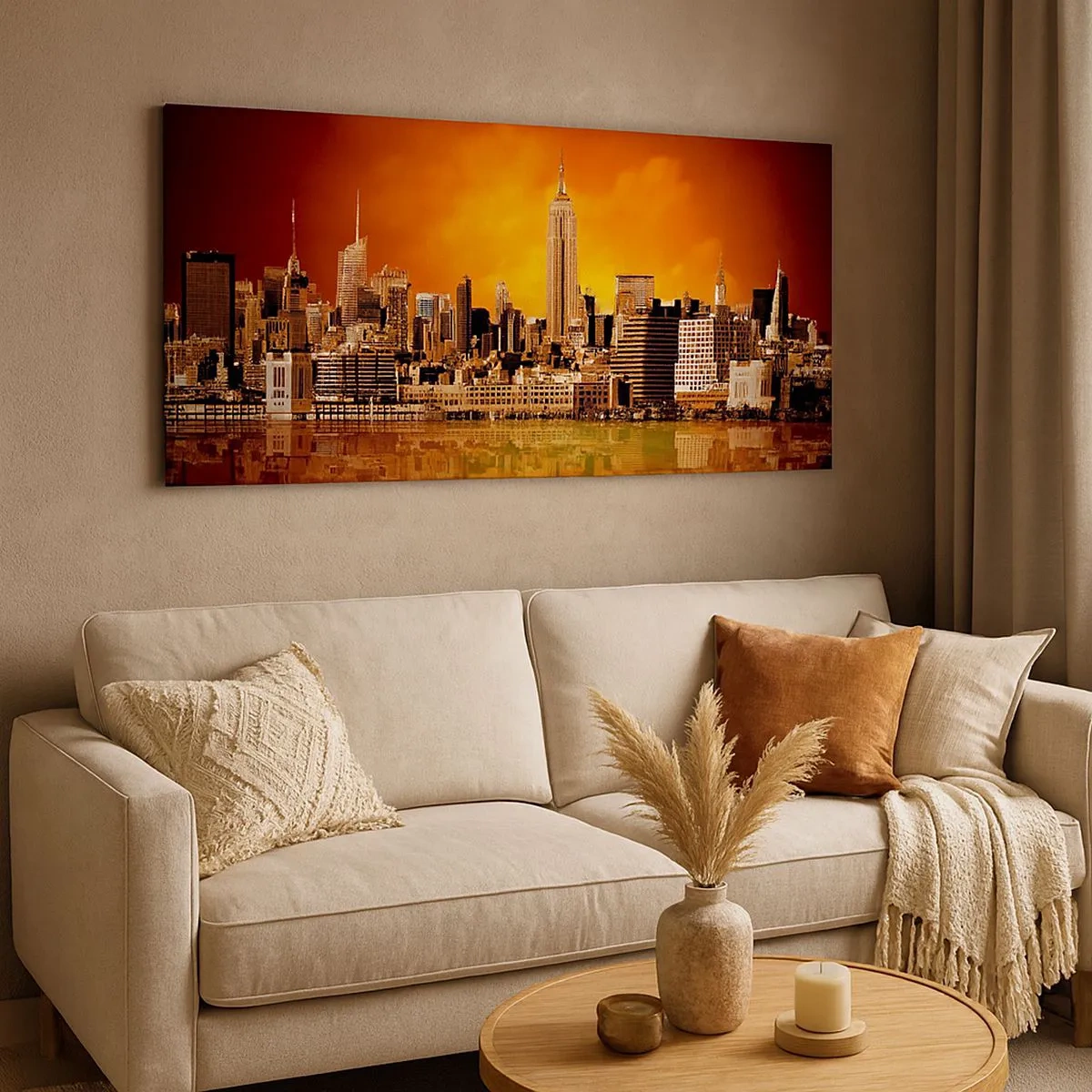 Cuadro sobre lienzo - Impresión de Imagen - Un panorama de la ciudad en amarillo y marrón - 100x40 cm