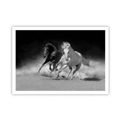 Póster - Caballos corriendo en blanco y negro - 100x70cm - El galope de la libertad - Decoración de pared moderna para salón y dormitorio ARTTOR