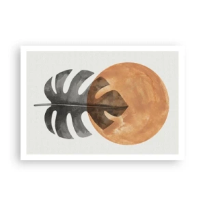 Póster - Hoja de monstera y círculo dorado sobre un fondo claro - 100x70cm - Siempre el sol - Decoración de pared moderna para salón y dormitorio ARTTOR