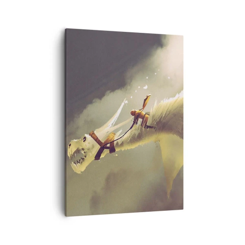 Cuadro sobre lienzo - Impresión de Imagen - Ilustración de un jinete de dragón en un paisaje de nubes de fantasía - 50x70cm - Al rescate - Decoración de pared moderna para salón y dormitorio ARTTOR