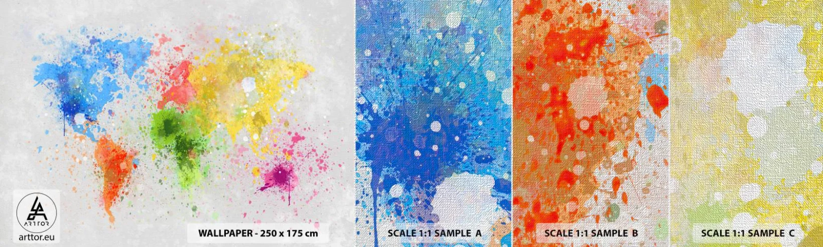 Muestra de fotomural Premium Canvas - Todos los colores del mundo - Mapa del mundo, Continentes, Viajes - 100x30 cm