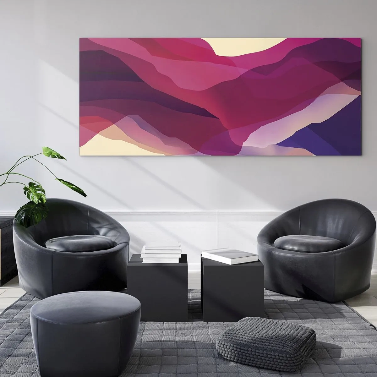 Cuadro sobre vidrio - Impresiones sobre Vidrio - Ondas abstractas en tonos morados y rosas sobre un fondo claro. - 120x50cm - Ondas púrpuras - Decoración de pared moderna para salón y dormitorio ARTTOR