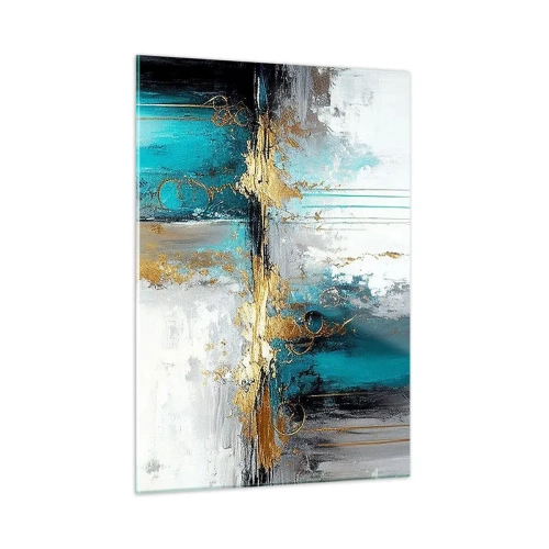 Cuadro sobre vidrio - Impresiones sobre Vidrio - Abstracción con turquesa y oro sobre fondo blanco. - 50x70cm - Todo fluye - Decoración de pared moderna para salón y dormitorio ARTTOR