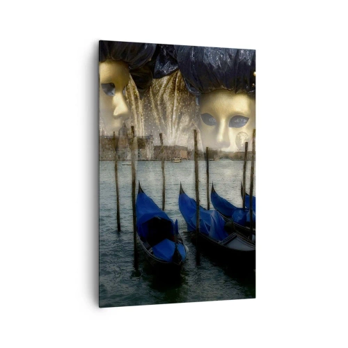 Cuadro sobre lienzo - Impresión de Imagen - Máscaras de carnaval veneciano y góndolas con la ciudad y el agua como telón de fondo. - 80x120cm - El tiempo de carnaval ha comenzado - Decoración de pared moderna para salón y dormitorio ARTTOR