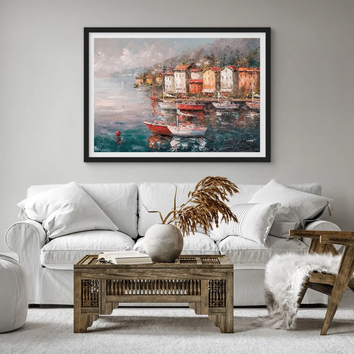 Póster en marco negro - Paisaje costero con barcos y casas de colores. - 100x70cm - Un refugio romántico - Decoración de pared moderna para salón y dormitorio ARTTOR