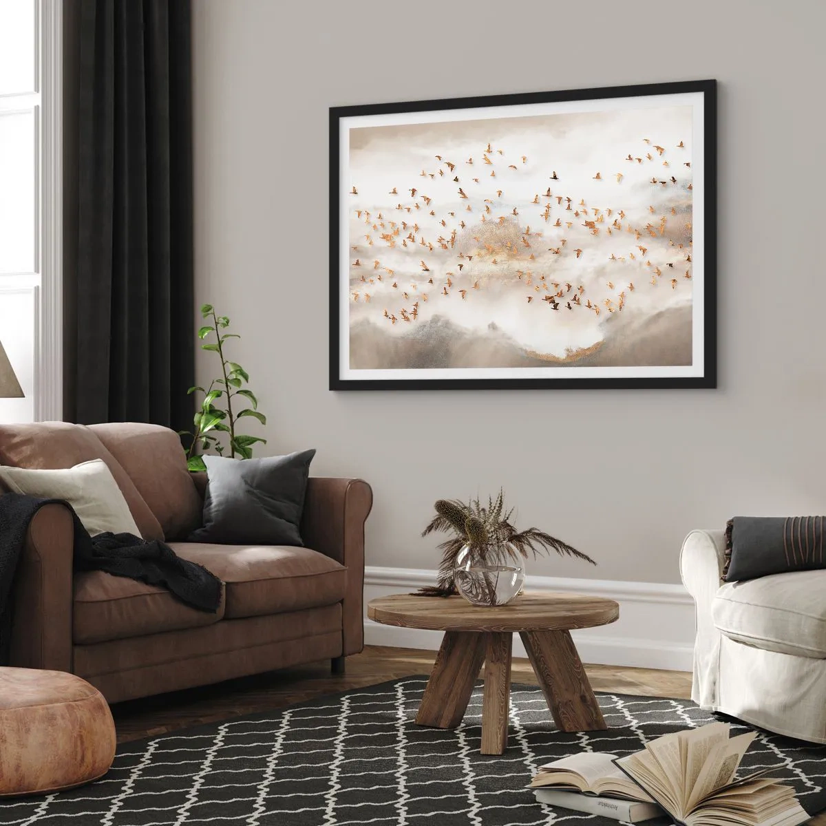Póster en marco negro - Pájaros dorados contra las montañas brumosas - 70x50cm - Es hora... - Decoración de pared moderna para salón y dormitorio ARTTOR