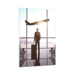 Cuadro sobre vidrio - Impresiones sobre Vidrio - Hombre de negocios en el aeropuerto con un avión al fondo - 80x120cm - Tienes tiempo, tranquilo - Decoración de pared moderna para salón y dormitorio ARTTOR