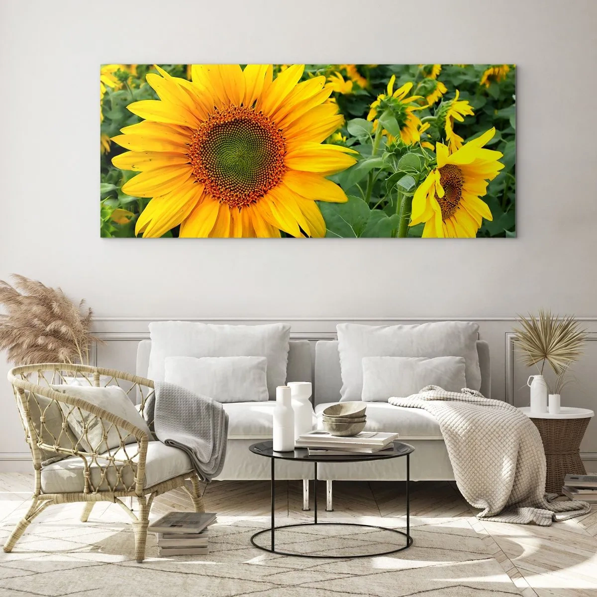Cuadro sobre vidrio - Impresiones sobre Vidrio - Un campo de girasoles con flores amarillas sobre un fondo de hojas verdes. - 160x50cm - Cientos de soles estallan - Decoración de pared moderna para salón y dormitorio ARTTOR