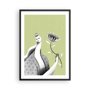 Póster en marco negro - Mujer minimalista sosteniendo una flor sobre un fondo verde - 50x70cm - Retrato modernista - sosteniendo una flor - Decoración de pared moderna para salón y dormitorio ARTTOR