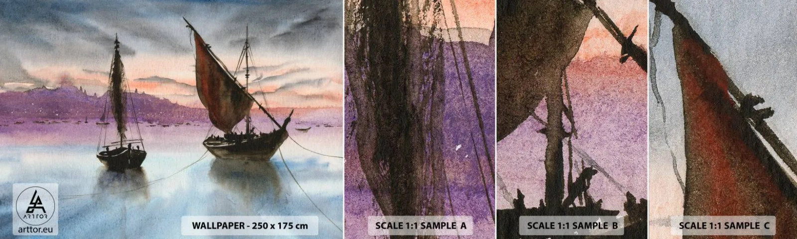 Muestra De Fotomural Standard Eco - Atardecer en el puerto - Veleros, Playa, Paisaje - 100x30 cm