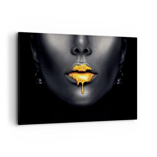 Cuadro sobre lienzo - Impresión de Imagen - Retrato en negro y dorado de una mujer con una gota de oro en los labios. - 120x80cm - Labios de oro - Decoración de pared moderna para salón y dormitorio ARTTOR