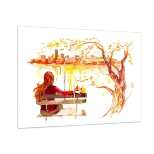 Cuadro sobre vidrio - Impresiones sobre Vidrio - Una figura en un banco con vistas a la ciudad en acuarela. - 100x70cm - Un momento de reflexión - Decoración de pared moderna para salón y dormitorio ARTTOR