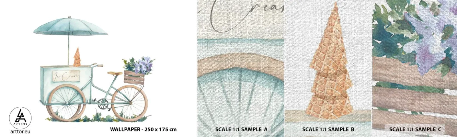 Muestra de fotomural Premium Canvas - Dulce recuerdo del verano - Pastel, Helado, Bicicleta - 100x30 cm