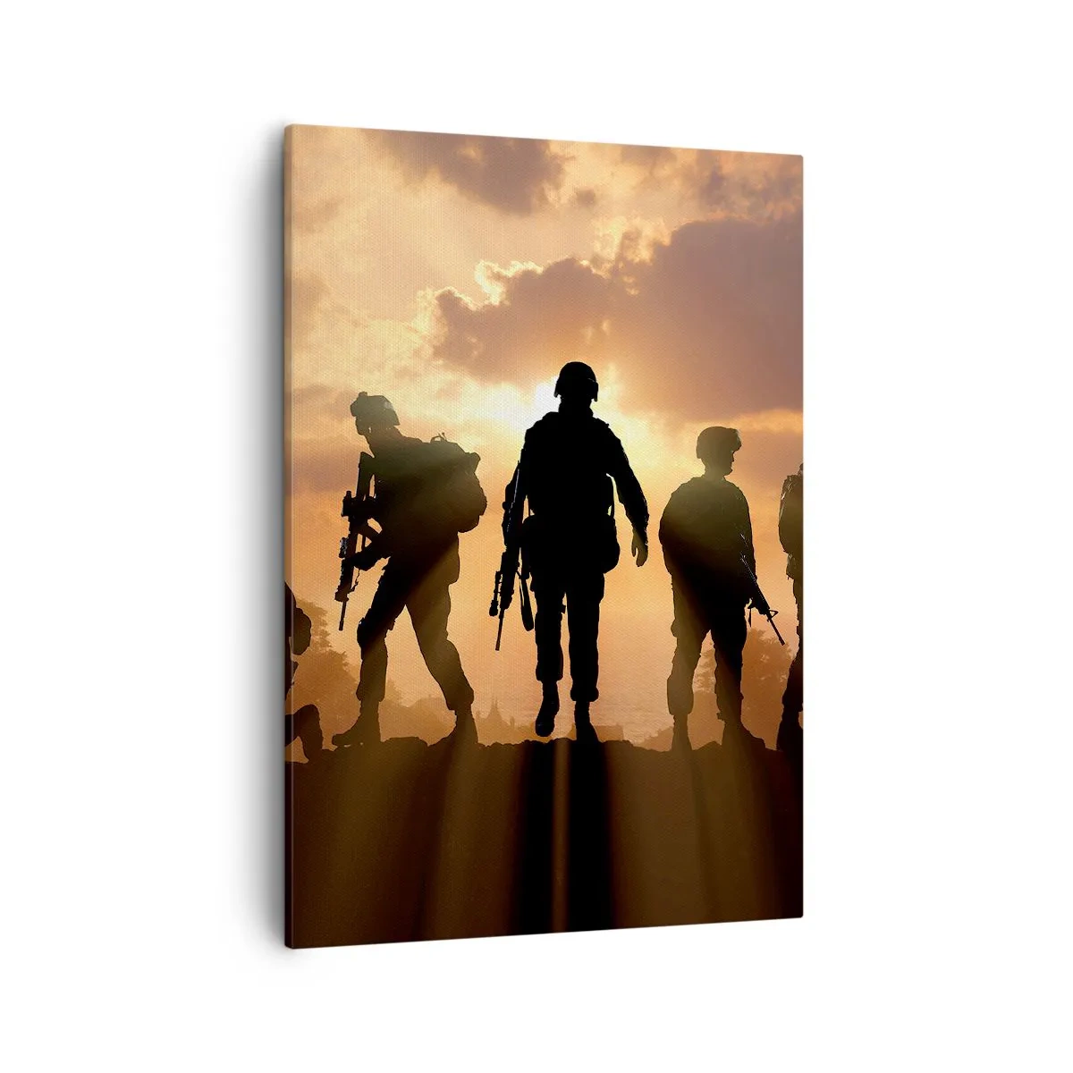 Cuadro sobre lienzo - Impresión de Imagen - Soldados con el sol poniente como telón de fondo en un entorno dinámico. - 50x70cm - Hermanos de armas - Decoración de pared moderna para salón y dormitorio ARTTOR