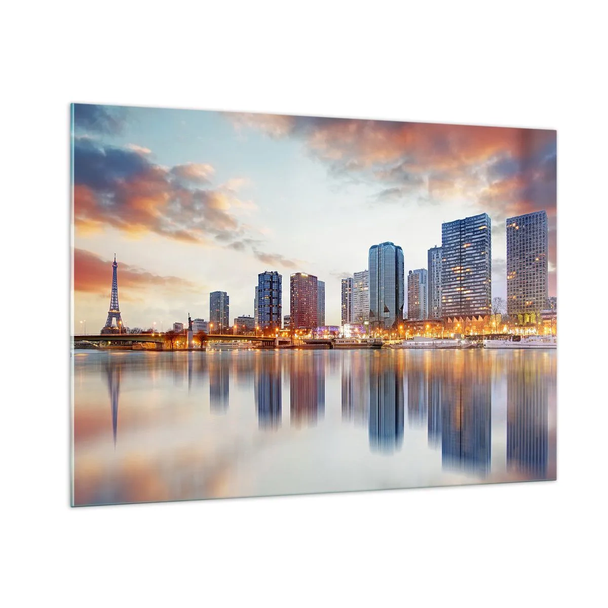 Cuadro sobre vidrio - Impresiones sobre Vidrio - Panorama de París con la Torre Eiffel y edificios modernos al atardecer - 100x70cm - La calma monumental de París - Decoración de pared moderna para salón y dormitorio ARTTOR