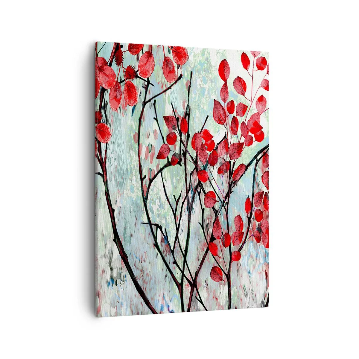 Cuadro sobre lienzo - Impresión de Imagen - Hojas rojas contra un cielo brillante con patrones abstractos. - 50x70cm - Un árbol en escarlata - Decoración de pared moderna para salón y dormitorio ARTTOR