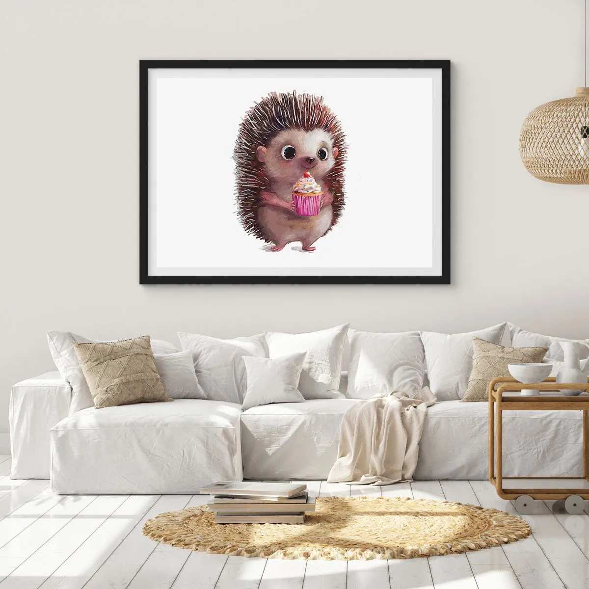 Póster en marco negro - Un lindo erizo con una magdalena. - 70x50cm - La celebración es diaria - Decoración de pared moderna para salón y dormitorio ARTTOR