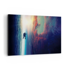 Cuadro sobre lienzo - Impresión de Imagen - Un astronauta flotando en el espacio sobre una Tierra colorida. - 120x80cm - Enfrentarse al universo - Decoración de pared moderna para salón y dormitorio ARTTOR