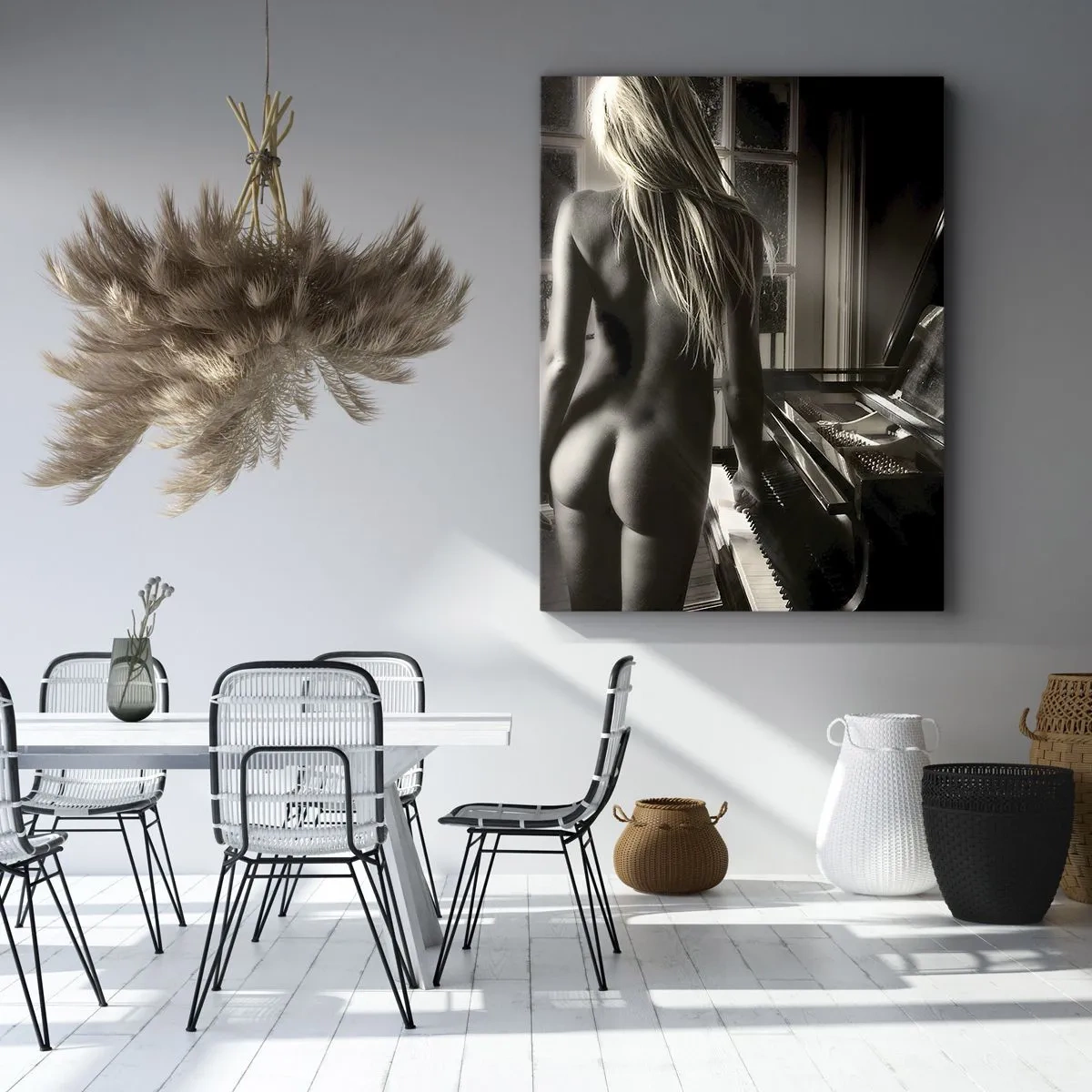Cuadro sobre lienzo - Impresión de Imagen - Desnudo femenino al piano en estilo blanco y negro - 70x100cm - Perfecta armonía de la noche - Decoración de pared moderna para salón y dormitorio ARTTOR