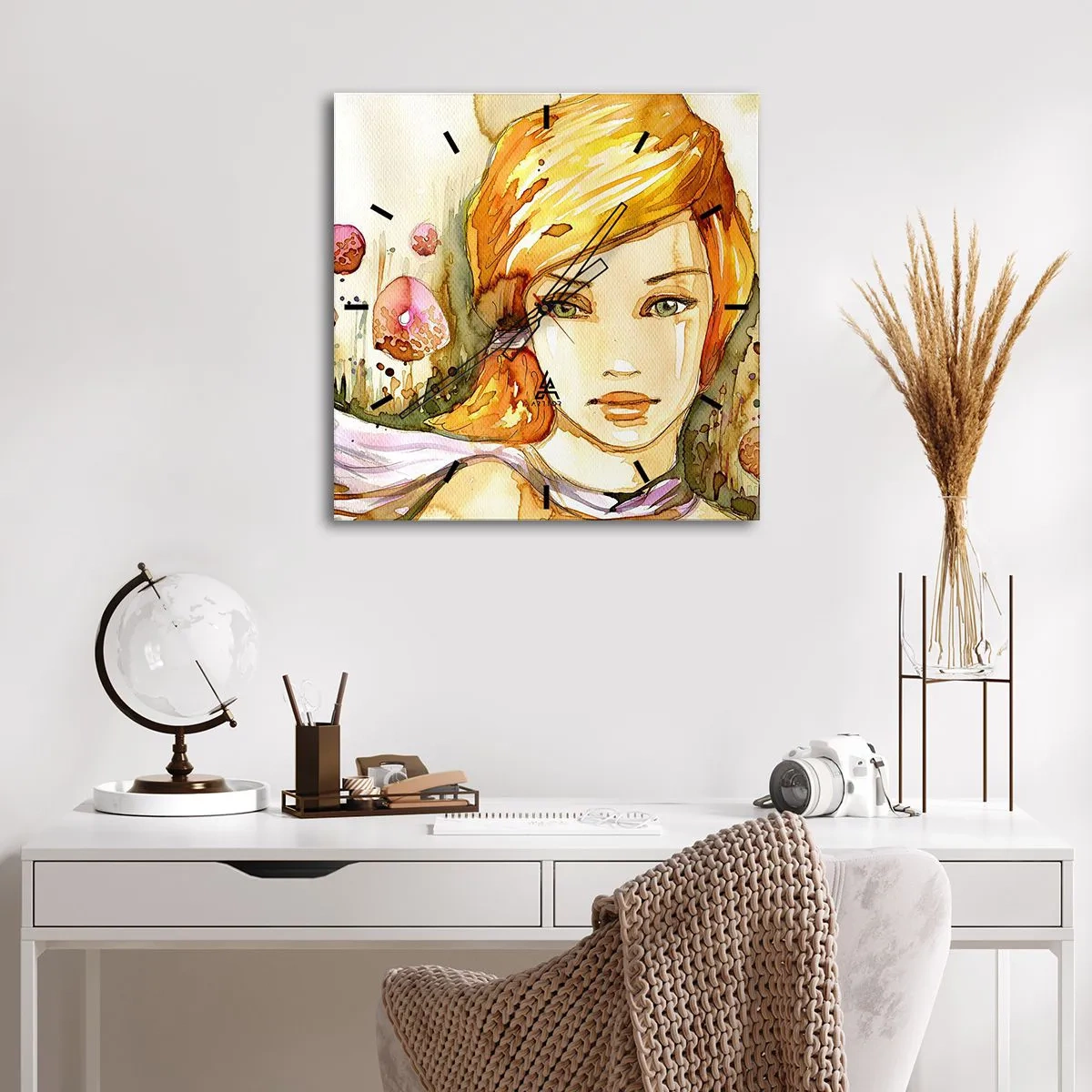 Reloj de pared - Reloj de vidrio - Retrato de una mujer en colores de acuarela con una mirada intensa. - 30x30cm - Una mirada que calma el alma - Decoración de pared moderna para salón y dormitorio ARTTOR