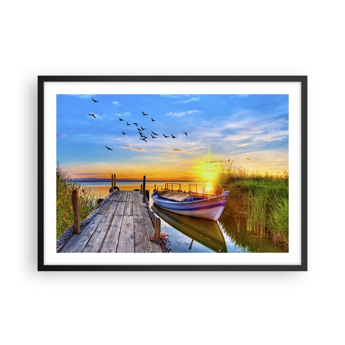 Póster en marco negro - Un barco en un muelle de madera al atardecer. - 70x50cm - Adiós, hasta mañana - Decoración de pared moderna para salón y dormitorio ARTTOR