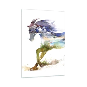 Cuadro sobre vidrio - Impresiones sobre Vidrio - Acuarela de un caballo con un paisaje de montaña en silueta. - 50x70cm - De la pradera al cielo - Decoración de pared moderna para salón y dormitorio ARTTOR