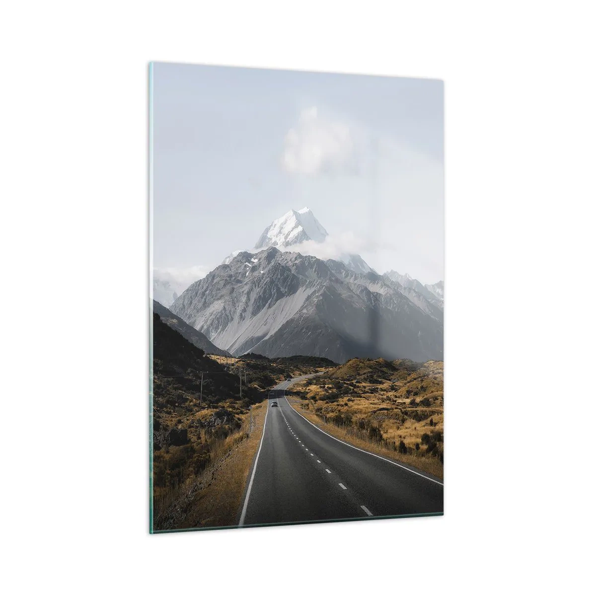 Cuadro sobre vidrio - Impresiones sobre Vidrio - Una carretera asfaltada que conduce hacia las montañas cubiertas de nieve. - 50x70cm - El camino al corazón de las montañas - Decoración de pared moderna para salón y dormitorio ARTTOR