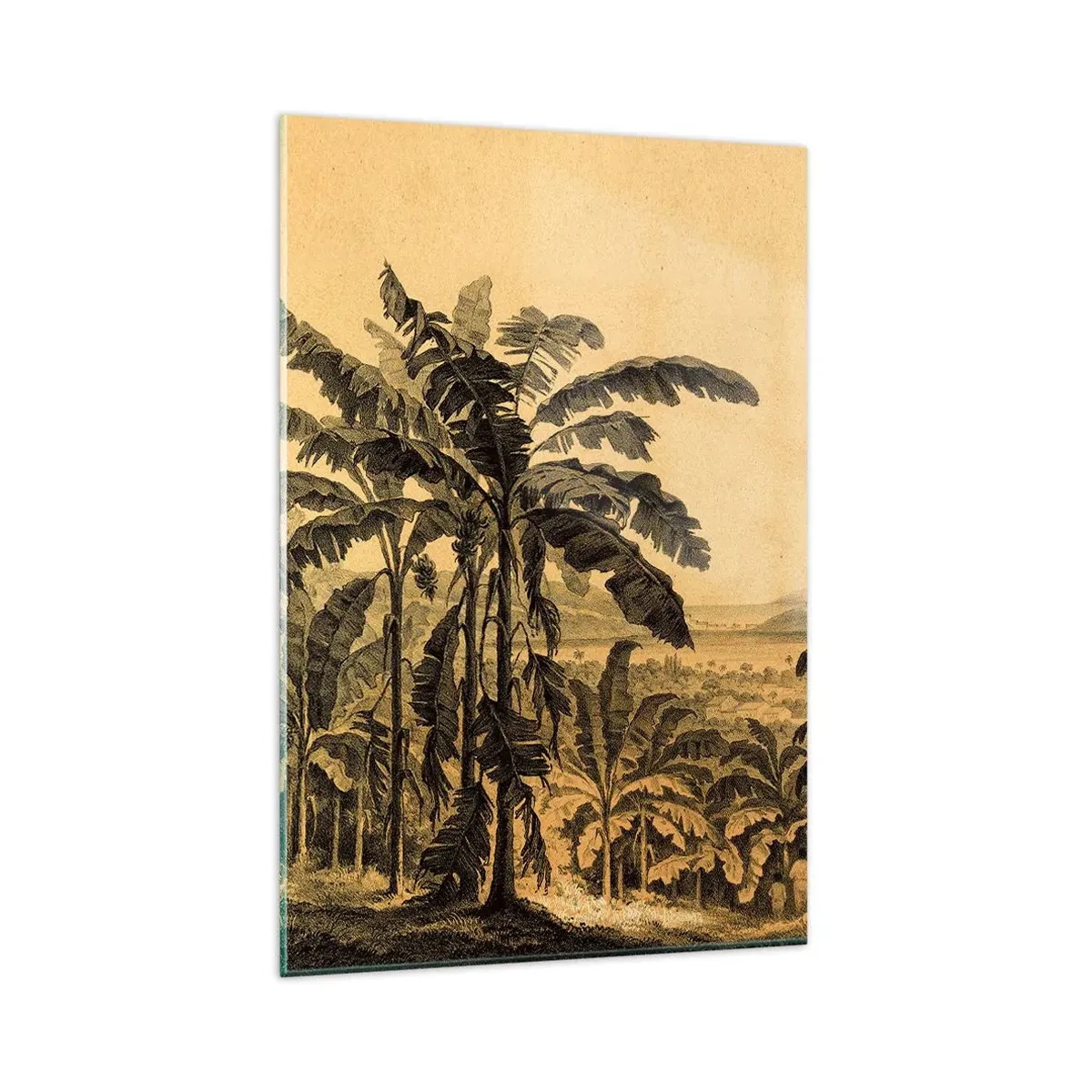 Cuadro sobre vidrio - Impresiones sobre Vidrio - Dibujo de árboles de plátano sobre un fondo de paisaje tropical. - 80x120cm - En un ambiente colonial - Decoración de pared moderna para salón y dormitorio ARTTOR