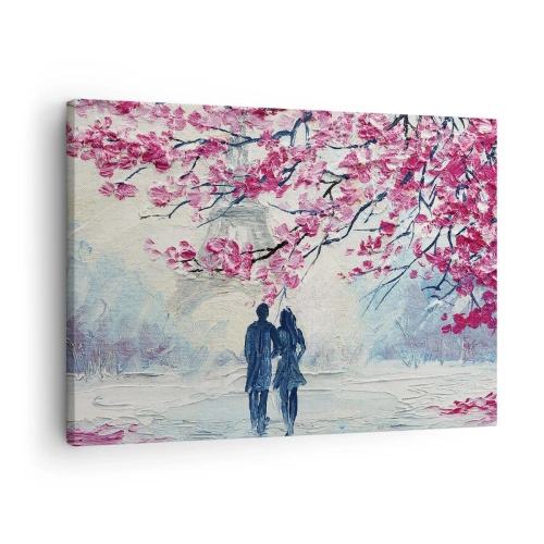 Cuadro sobre lienzo - Impresión de Imagen - Una pareja bajo árboles rosados en flor en un entorno romántico. - 70x50cm - Un paseo romántico - Decoración de pared moderna para salón y dormitorio ARTTOR