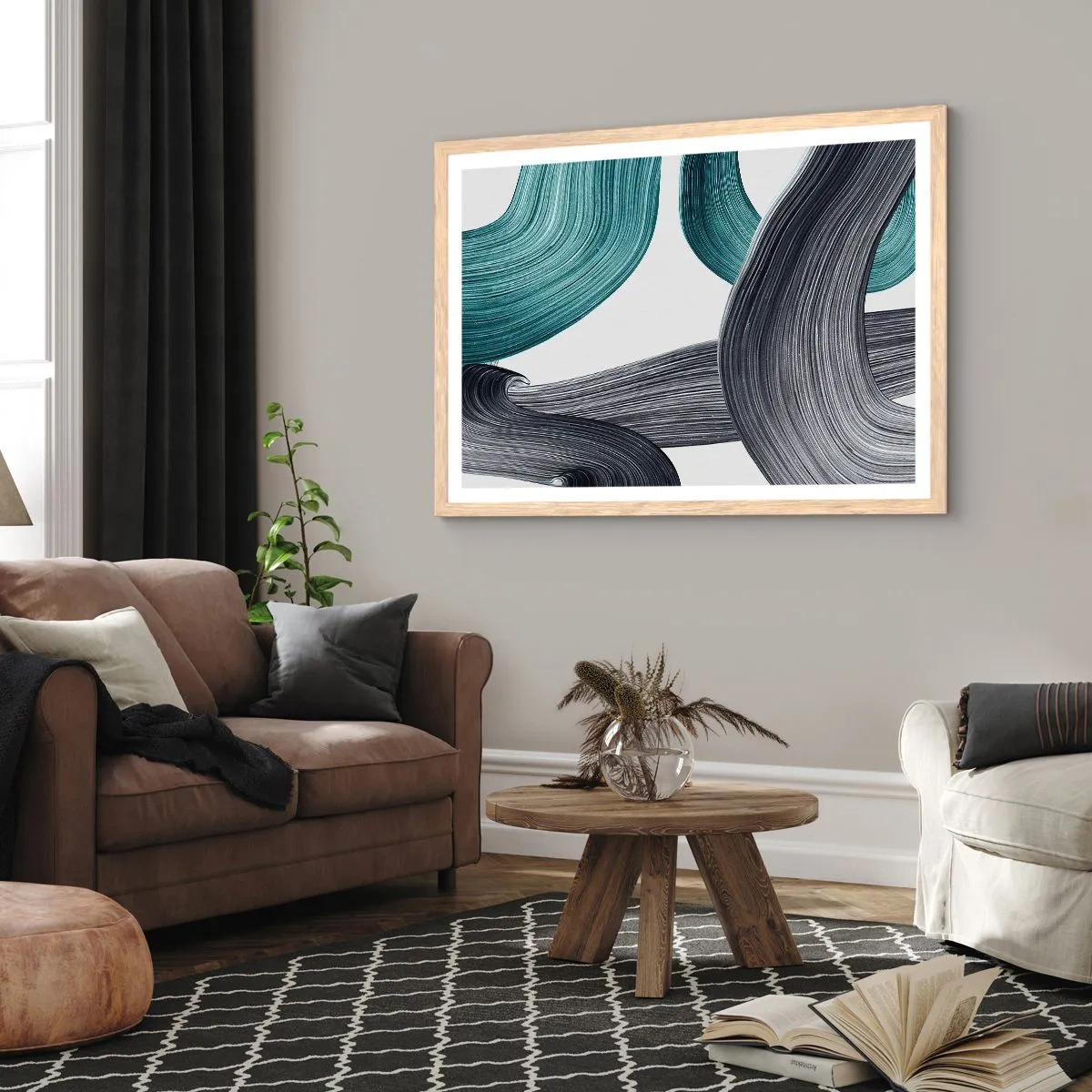 Póster en marco roble claro - Senderos esmeralda y negro - 40x30 cm