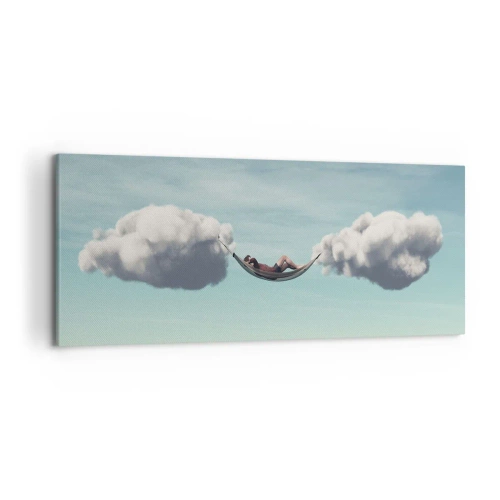 Cuadro sobre lienzo - Impresión de Imagen - Una persona relajándose en una hamaca suspendida en las nubes. - 120x50cm - La felicidad del momento - Decoración de pared moderna para salón y dormitorio ARTTOR