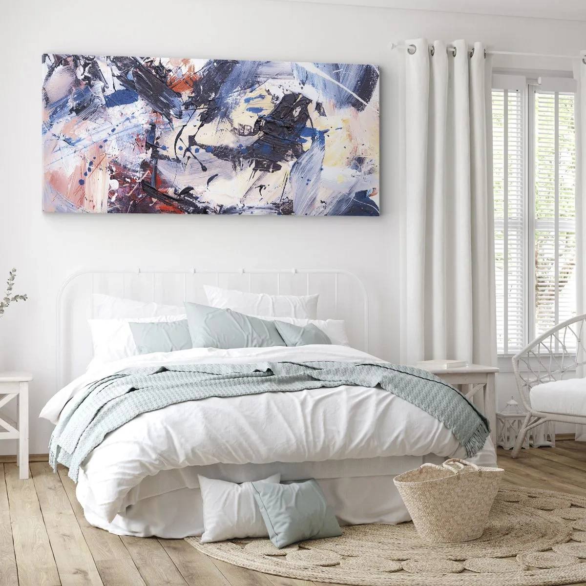 Cuadro sobre lienzo - Impresión de Imagen - Abstracción con pinceladas dinámicas en azul y rojo. - 120x50cm - Danza loca de la abstracción - Decoración de pared moderna para salón y dormitorio ARTTOR