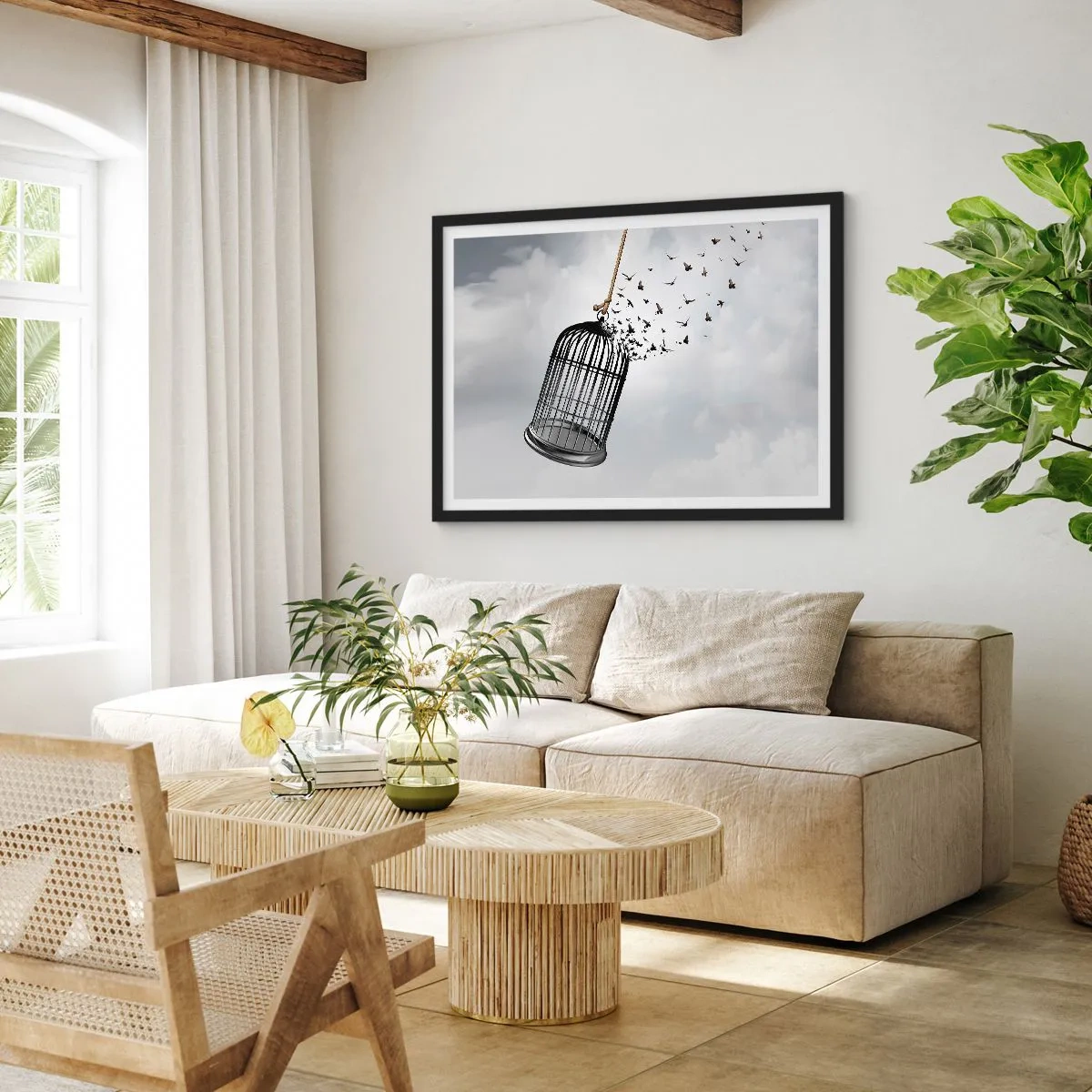 Póster en marco negro - Pájaros volando desde una jaula contra el cielo. - 70x50cm - Fe... Esperanza... ¡Libertad! - Decoración de pared moderna para salón y dormitorio ARTTOR
