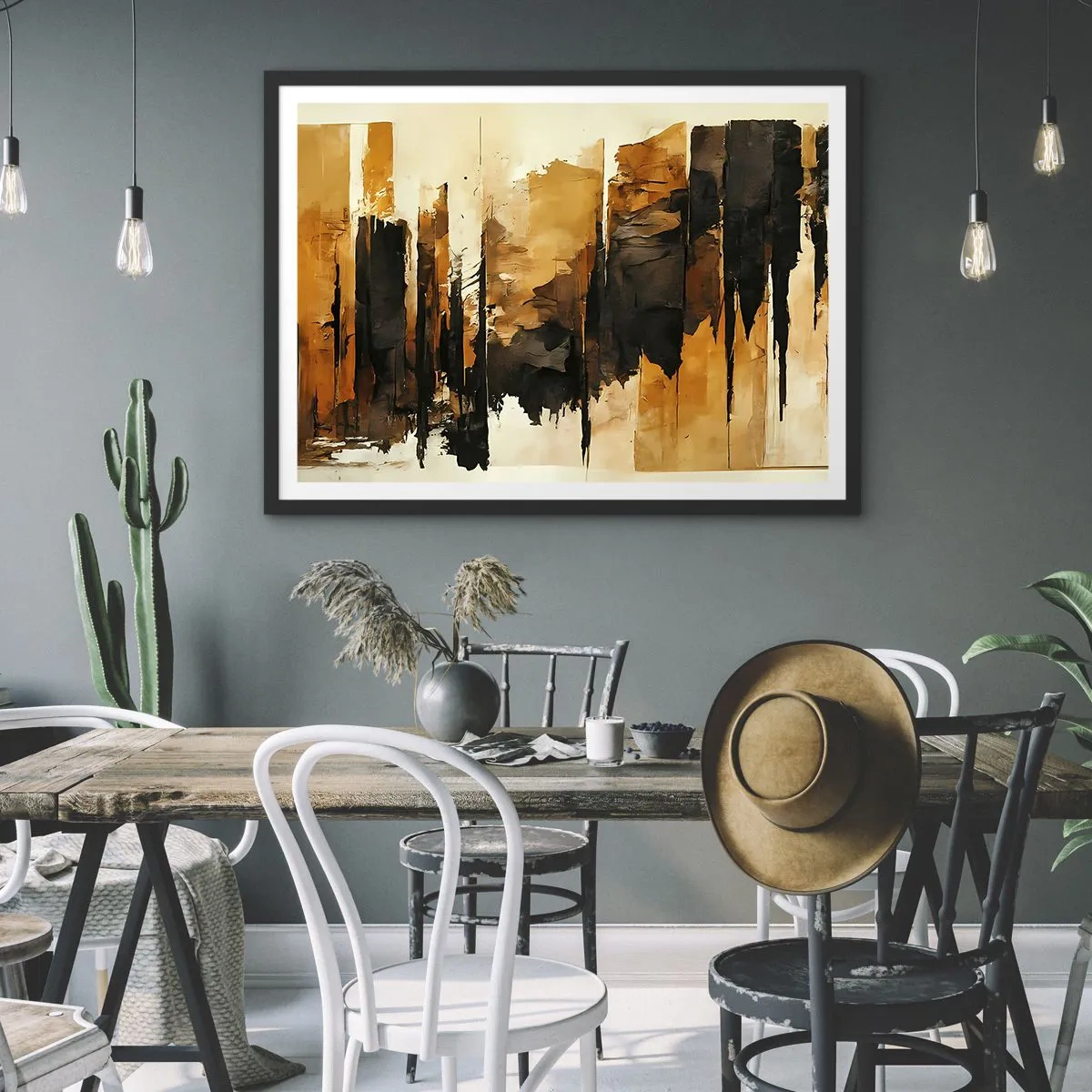 Póster en marco negro - Rayas abstractas doradas y negras en una composición artística - 70x50cm - Armonía de negro y oro - Decoración de pared moderna para salón y dormitorio ARTTOR