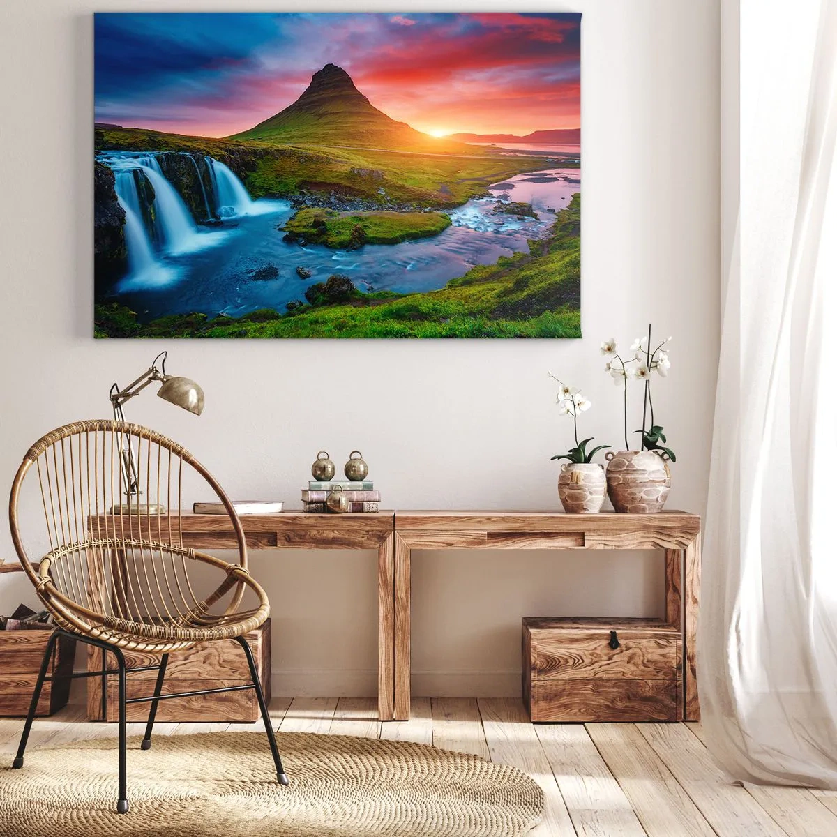 Cuadro sobre lienzo - Impresión de Imagen - Cascada pintoresca y montaña al atardecer - 120x80cm - Islandia - fuego y agua - Decoración de pared moderna para salón y dormitorio ARTTOR