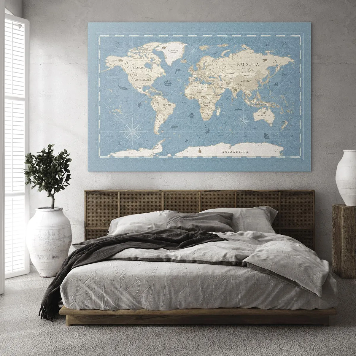 Cuadro sobre vidrio - Impresiones sobre Vidrio - Mapa del mundo estilizado sobre fondo azul - 100x70cm - Un mundo al alcance de la mano - Decoración de pared moderna para salón y dormitorio ARTTOR