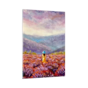 Cuadro sobre vidrio - Impresiones sobre Vidrio - Una mujer con sombrero caminando por un campo de lavanda. - 80x120cm - En un mundo de lavanda - Decoración de pared moderna para salón y dormitorio ARTTOR