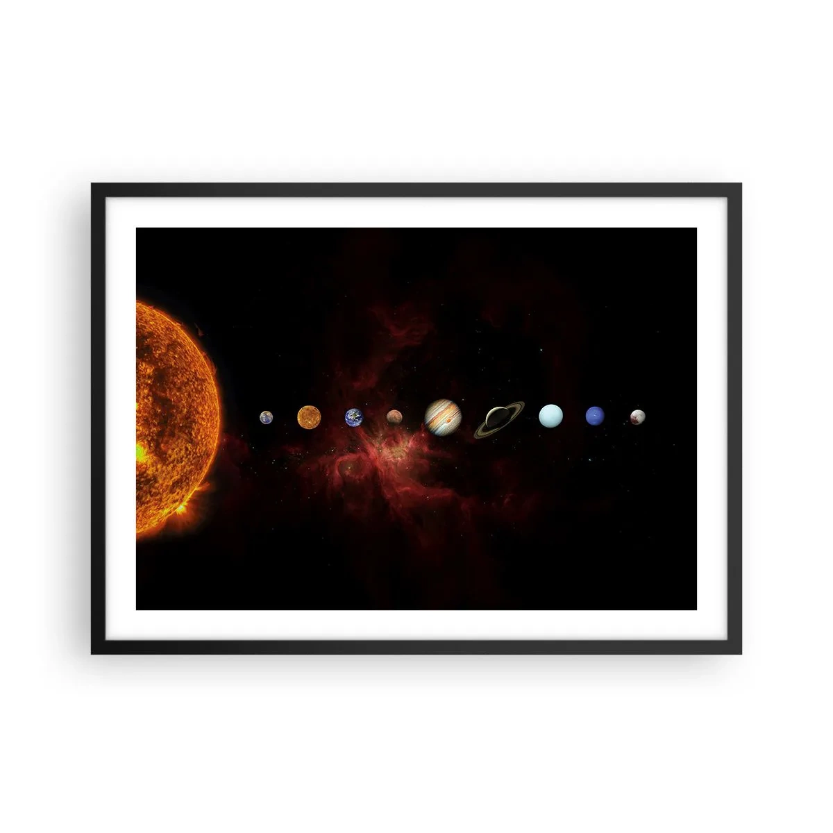 Póster en marco negro - El sistema solar con planetas sobre el fondo del espacio. - 70x50cm - Nuestro barrio - Decoración de pared moderna para salón y dormitorio ARTTOR