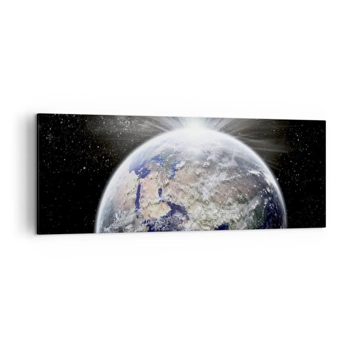 Cuadro sobre lienzo - Impresión de Imagen - La Tierra y la Luna iluminadas por el resplandor del espacio. - 140x50cm - En todo su esplendor - Decoración de pared moderna para salón y dormitorio ARTTOR
