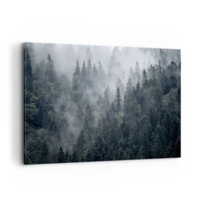 Cuadro sobre lienzo - Impresión de Imagen - Bosque de coníferas brumoso en tonos grises y verdes. - 120x80cm - Amanecer en el bosque - Decoración de pared moderna para salón y dormitorio ARTTOR