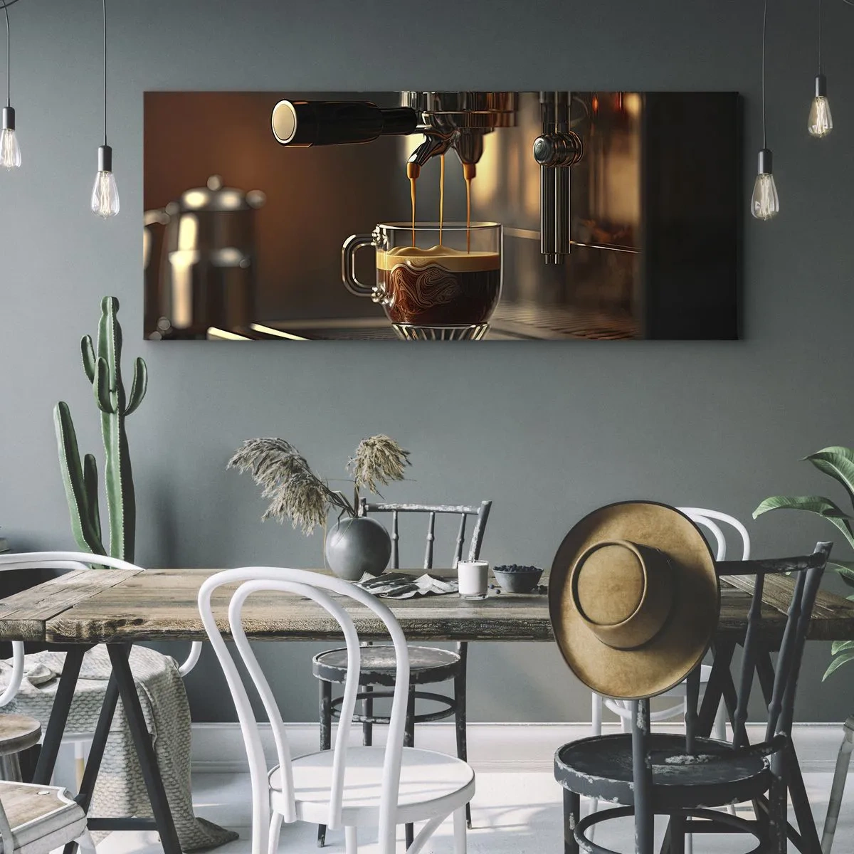 Cuadro sobre lienzo - Impresión de Imagen - Cafetera con una taza de espresso aromático. - 160x50cm - Un brebaje sensual - Decoración de pared moderna para salón y dormitorio ARTTOR