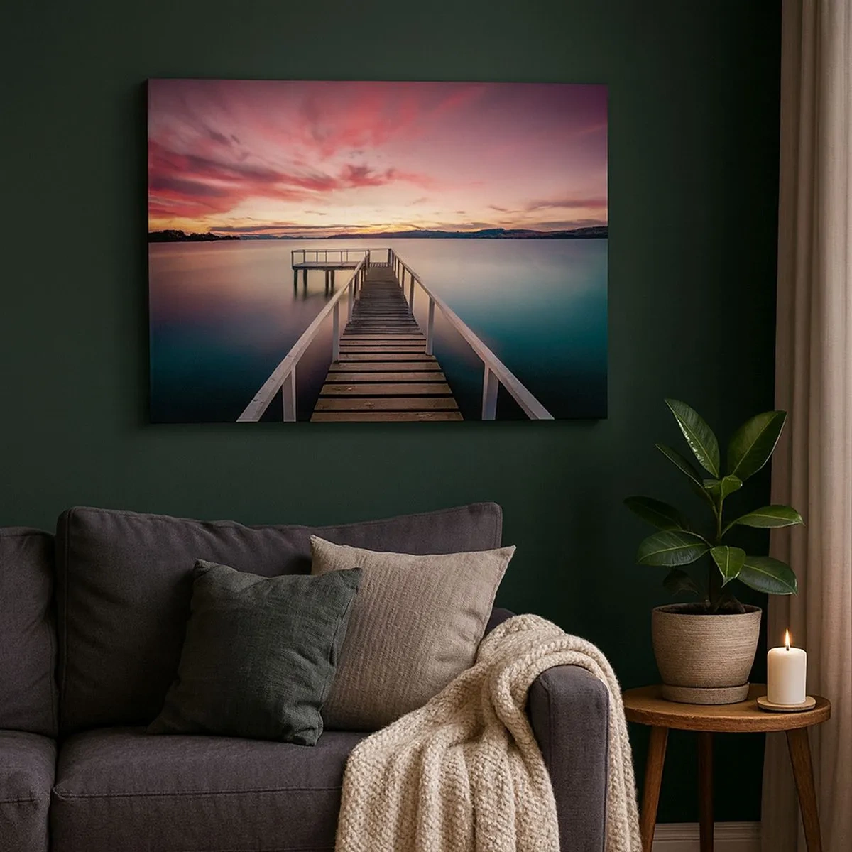 Cuadro sobre lienzo - Impresión de Imagen - Un embarcadero que conduce a un lago tranquilo al atardecer. - 70x50cm - La suave llama del atardecer - Decoración de pared moderna para salón y dormitorio ARTTOR