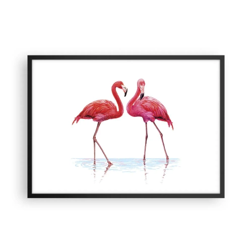 Póster en marco negro - Una pareja de flamencos en el agua contra un fondo claro. - 70x50cm - Cita rosada - Decoración de pared moderna para salón y dormitorio ARTTOR